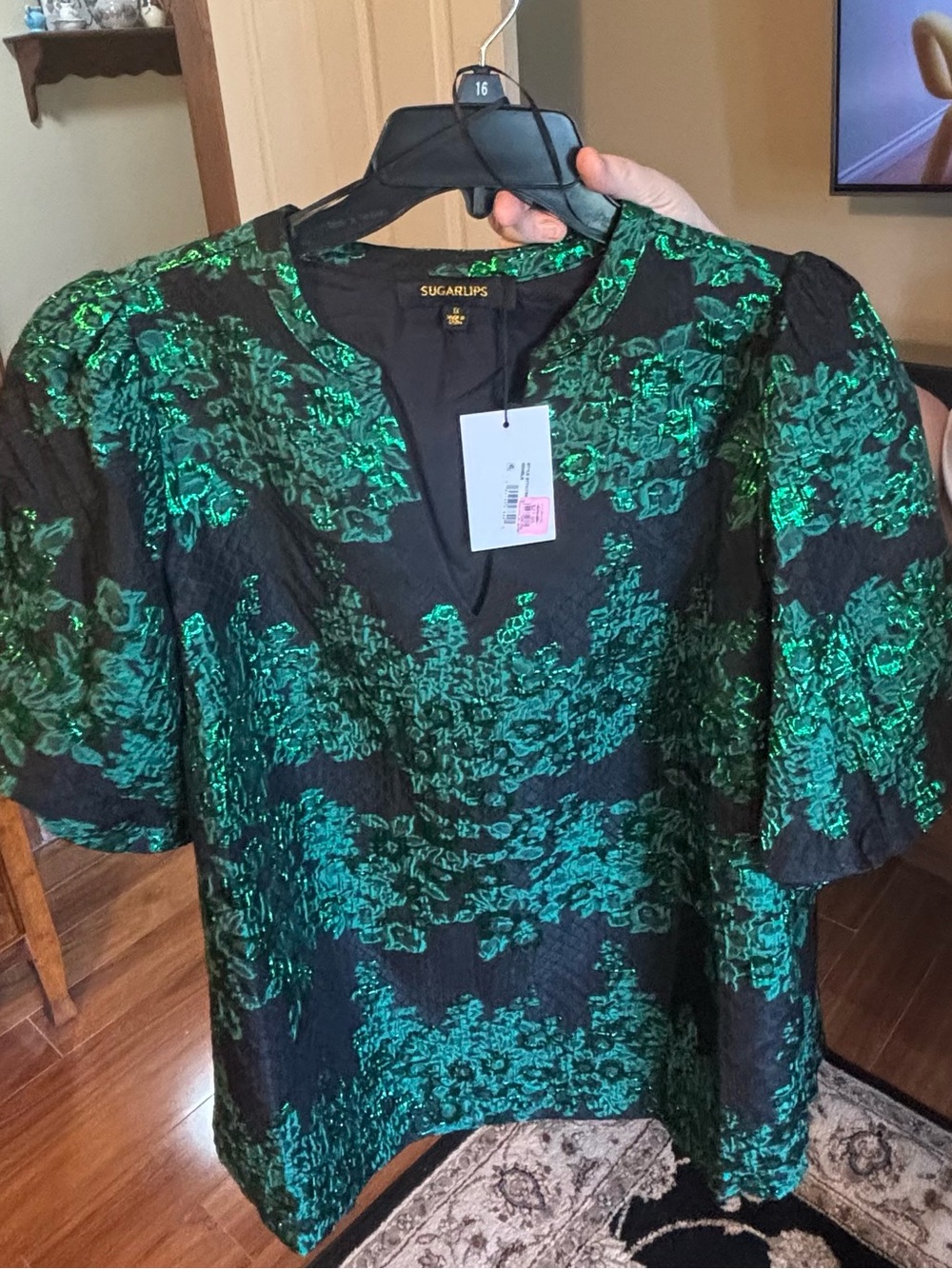 Sugarlips Black and Emerald Green Floral Jacquard Blouse